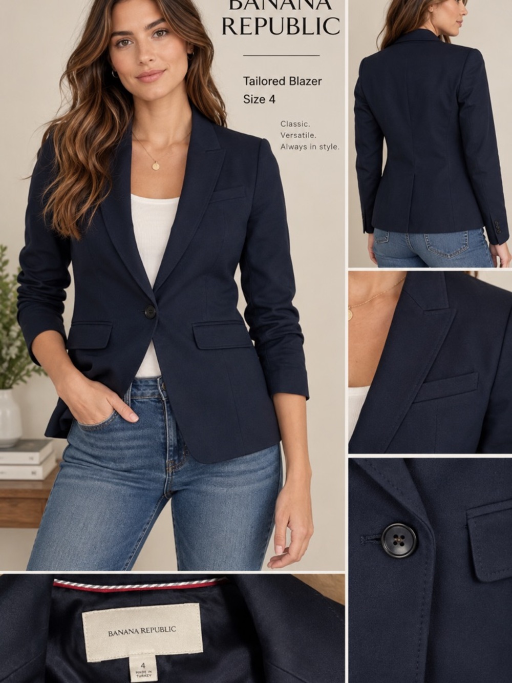 Banana Republic Navy Blue One Button Blazer Women’s Size 4 Stretch Career Jacket
